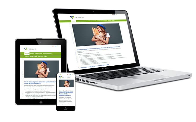 Drei verschiedene Endgeräte (Laptop, Tablet und Smartphone) zeigen die Website des Schweizer Unternehmens Veripan.